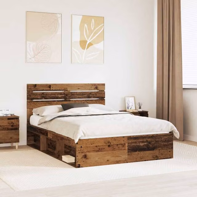 Berkfield Home Bed Frame with Headboard in Brown Old Wood, W/D/H: 150 x 200 cm