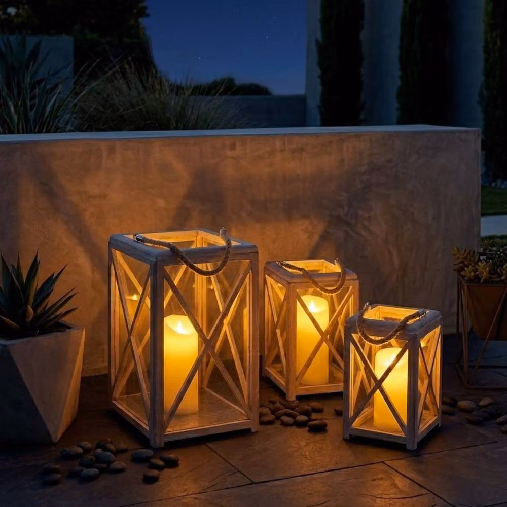 Garden Greatness Trio of Rustic Distressed Wood Tabletop Garden Lanterns in Brown and Multicolour, 3 Pack – 2