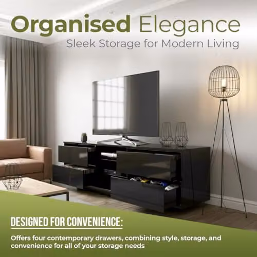 Centurion Avitus Gloss Black TV Cabinet with 4 Drawers and 3 Shelves for 32-65 inch Screens W/D/H: 158 x 40 x 48 cm – 4