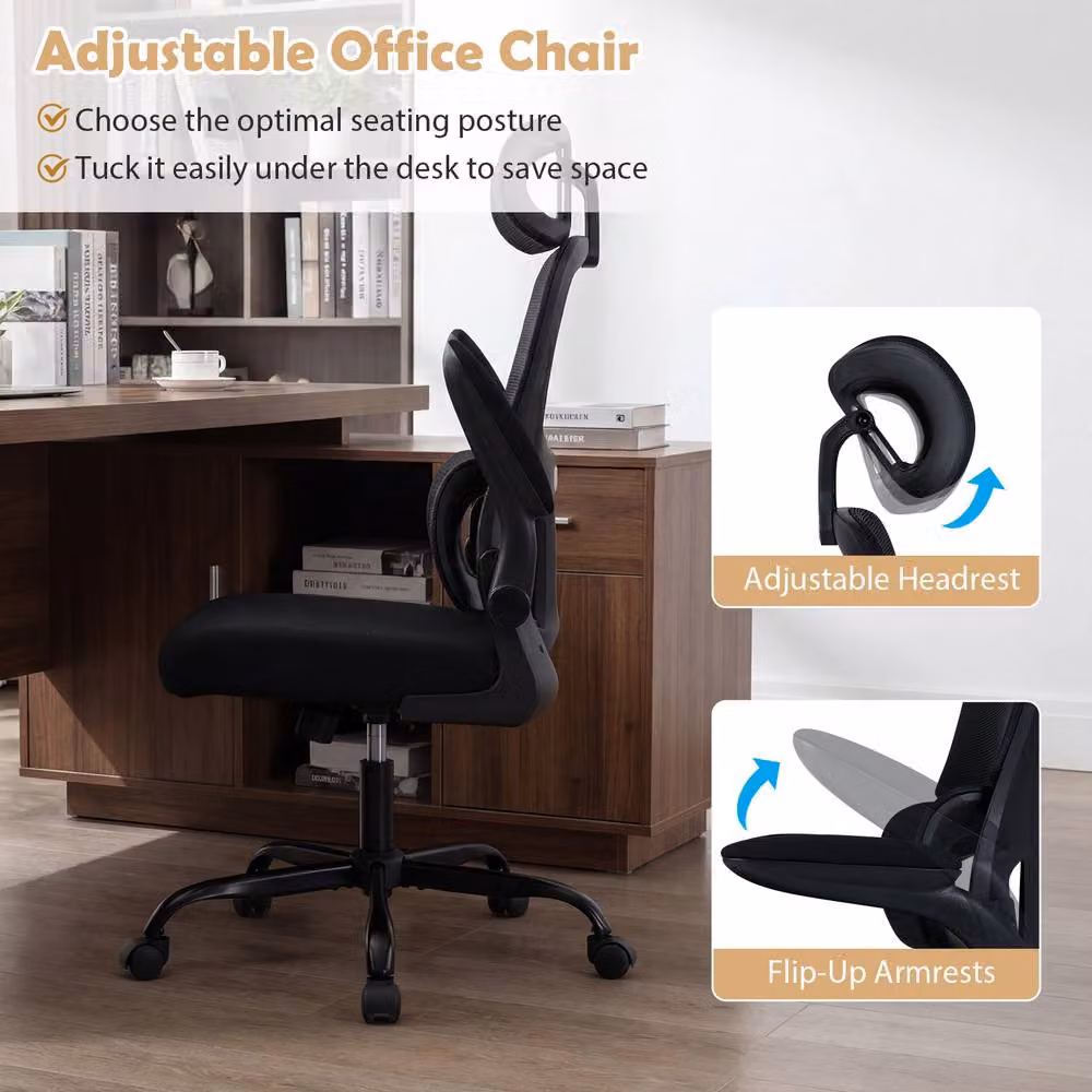 Gymax High Back Ergonomic Mesh Office Chair with Lumbar Support, Headrest and Flip-up Arms in Black – 8