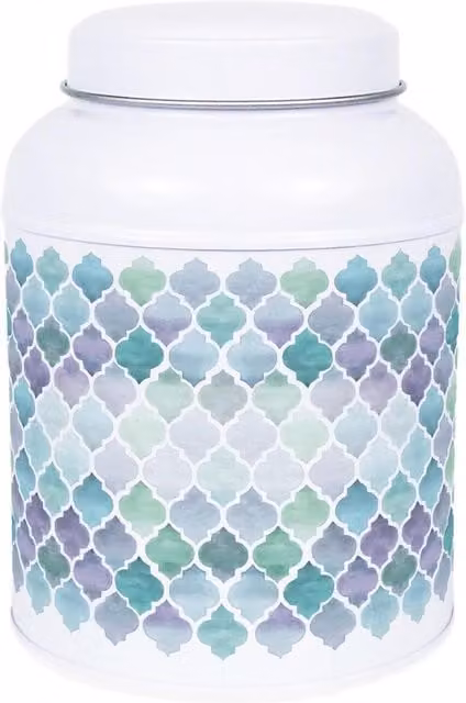 Purely Home Arabesque Tile Coffee Canister with Small Domed Lid in White and Multicolour Metal Kitchen Storage Tin