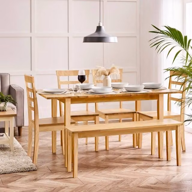 FurnitureboxUK Salcombe Extending Oak Effect Dining Set in Brown with 4 Chairs and 1 Large Bench