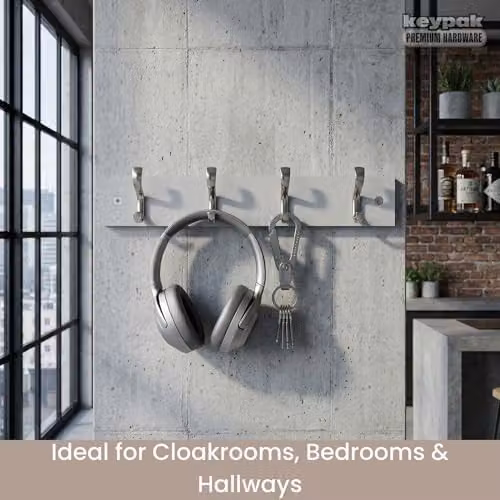 keypak Wall-Mounted Coat Rack with 4 Matt Nickel Hooks on Grey Wood, Width: 38 cm – 2