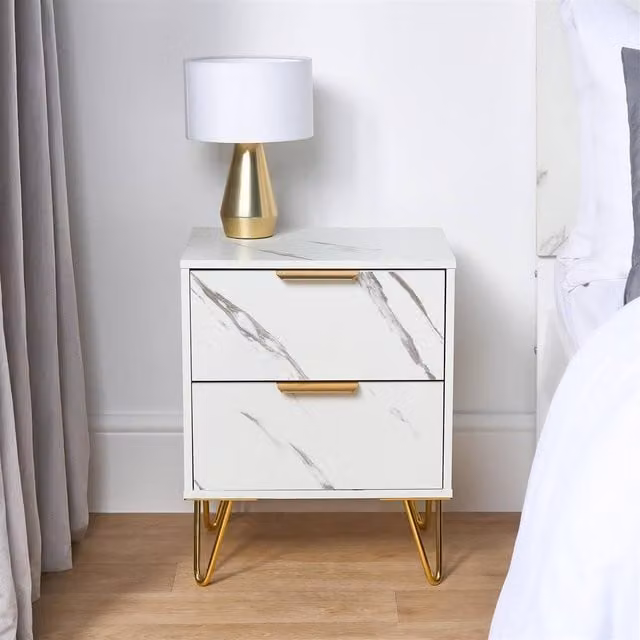 OHS Marble Effect Nightstand Bedside Table in White