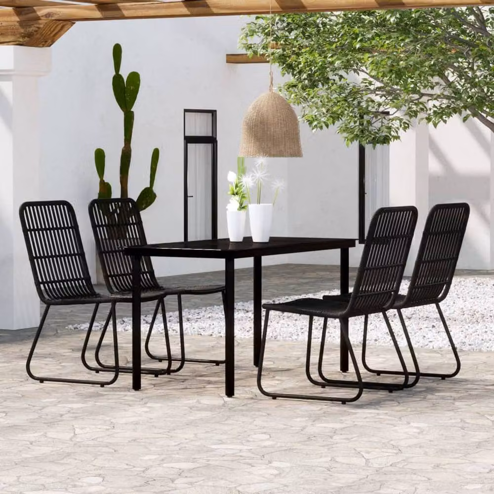 Berkfield Home 5 Piece Modern Garden Dining Set in Matt Black with Metal, Rattan and Glass – 2