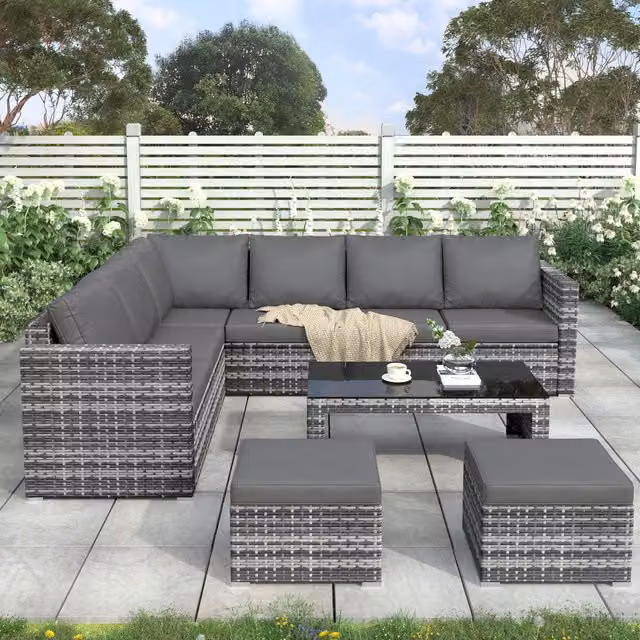 AKA Grey Polyrattan L-Shape Garden Corner Sofa Set with Coffee Table and 2 Ottomans