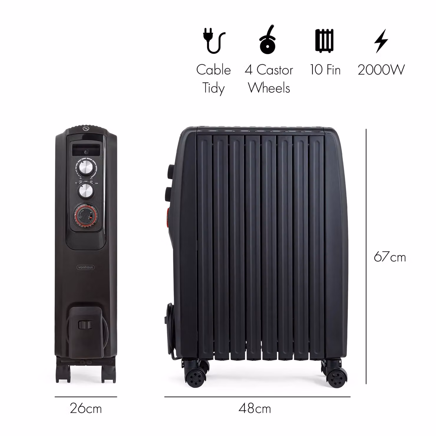 VonHaus 2000W Closed Fin Oil Filled Freestanding Radiator in Black – 7
