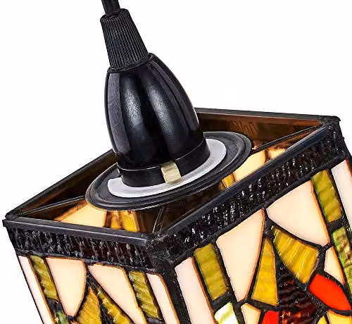 Happy Homewares Art Deco Tiffany Easy Fit Pendant Shade in Multicolour Green, Amber and Red Stained Glass, Rectangular Shape – 3
