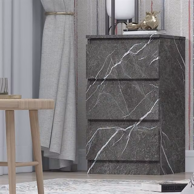 ZITA 3 Drawer Bedside Table in Grey Marble Effect, W: 68 cm, D: 38 cm, H: 40 cm