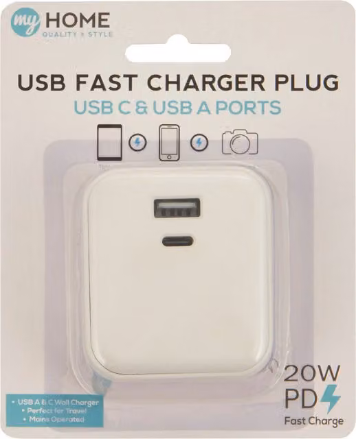 My Home USB Fast Charger Plug with USB-C and USB-A Ports, White