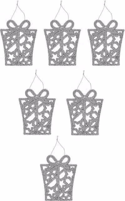 VFM e-Store Silver Glitter Hanging Present Christmas Tree Ornaments, Pack of 6, W/D/H: 17.4 x 8.0 x 1.3 cm – 1