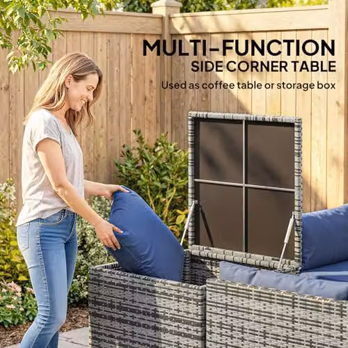 Outsunny 4 Seater L-Shape Rattan Garden Furniture Set with Storage Table and Blue Cushions – 3