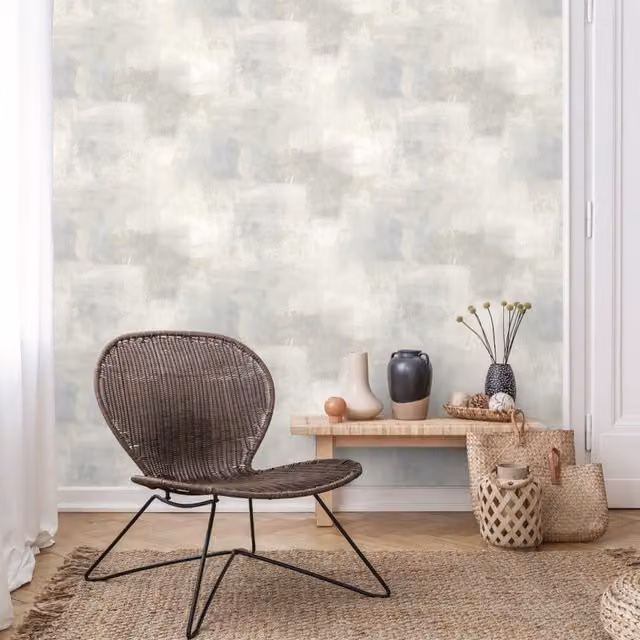 Grandeco Metro Distressed Paint Rustic Plaster Effect Textured Abstract Wallpaper in Blue and Grey