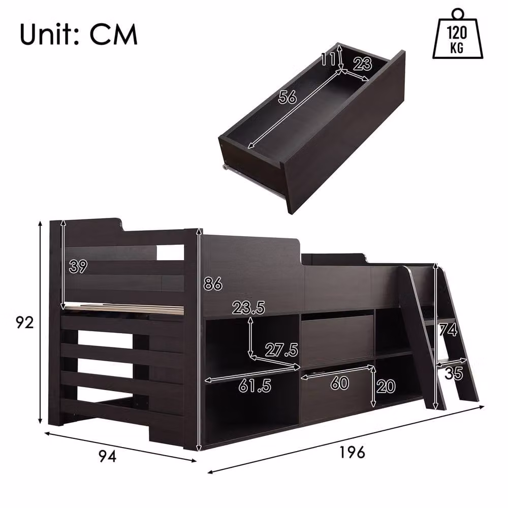 Rolipo Kids Single Mid Sleeper Cabin Bed with Storage Drawers, Dark Brown, W/D/H: 90 x 190 x 120 cm – 2