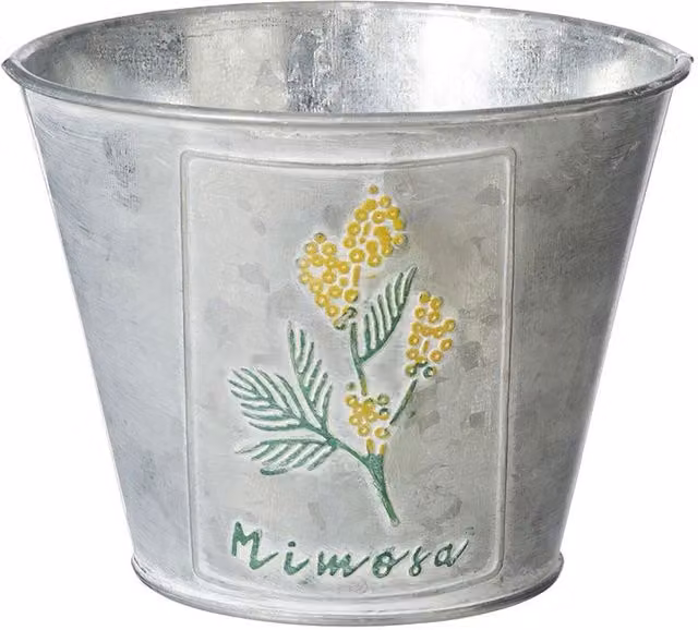 Mimosa Spring Vibe Floral Metal Plant Pot in Silver, Yellow and Green, Diameter: 15 cm