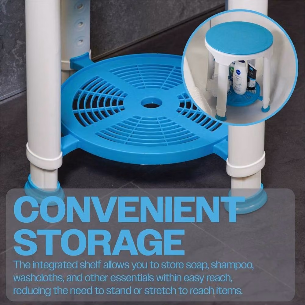NESTLUNE Round White Plastic Bathroom Shower Stool with Non-Slip Height Adjustable Legs – 4