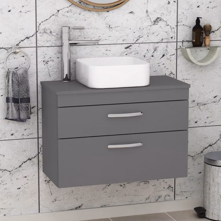 Royal Bathrooms 800mm Wall Hung Vanity Unit with 2 Drawers and Elena Countertop Basin in Indigo Grey Gloss