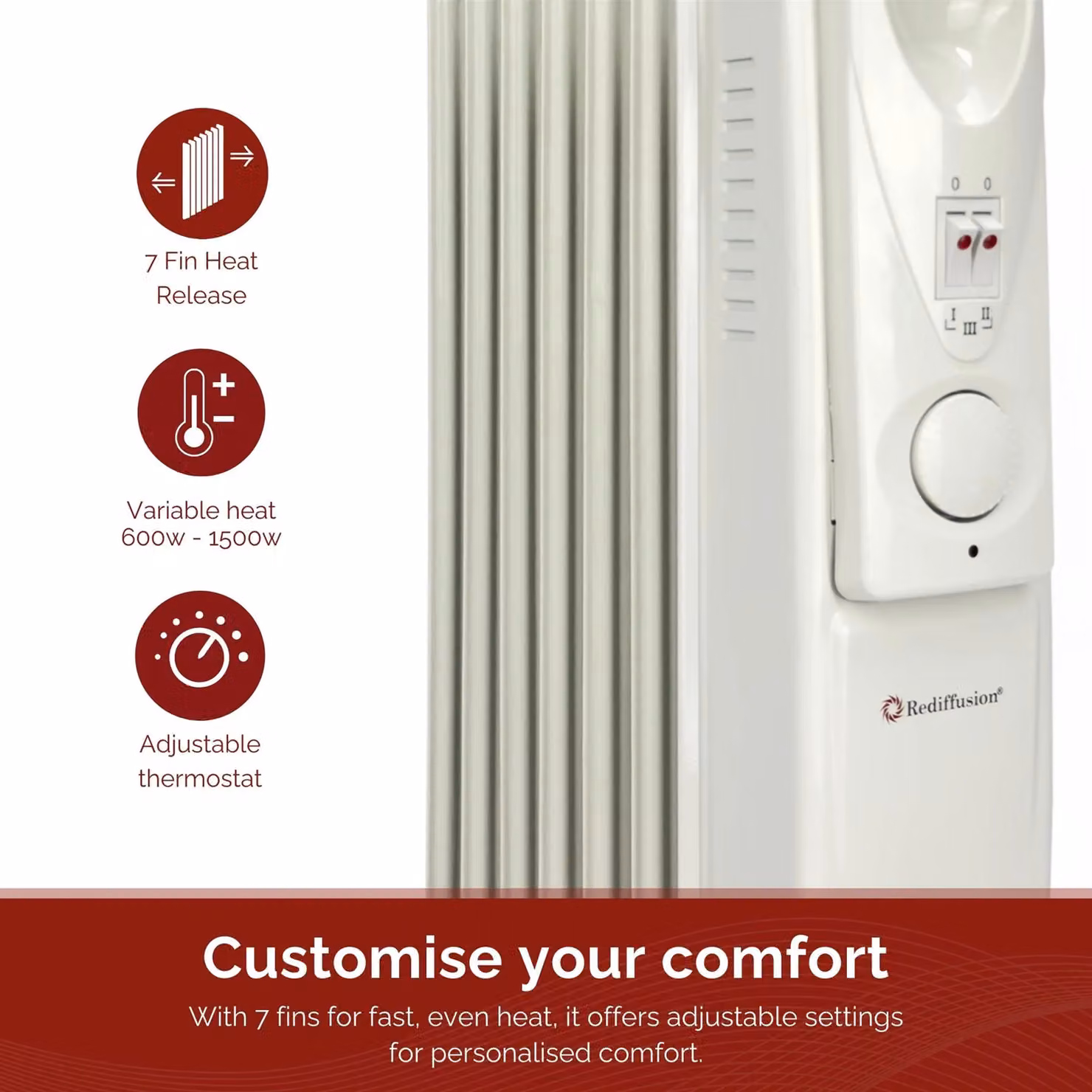 Rediffusion 1500W Oil Filled Radiator in White with Adjustable Thermostat and Overheat Protection, W/D/H: 54.5 x 33 x 24 cm – 2