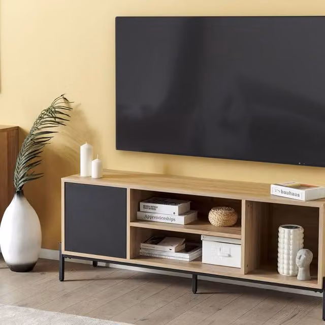 Wyld and Coco Modern TV Stand in Light Wood and Charcoal Grey with 1 Cabinet and 3 Shelves, W: 140 cm, D: 40 cm, H: 56 cm
