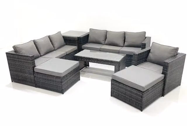 Fimous 9 Seater Rattan Garden Furniture Set in Dark Grey with 3 Seater Sofa, Coffee Table, 2 Footstools and Side Table