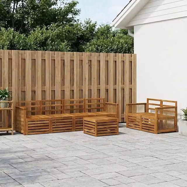 Berkfield Home 7 Piece L-Shape Outdoor Sofa Set in Brown Solid Acacia Wood with Cushions and Ottoman