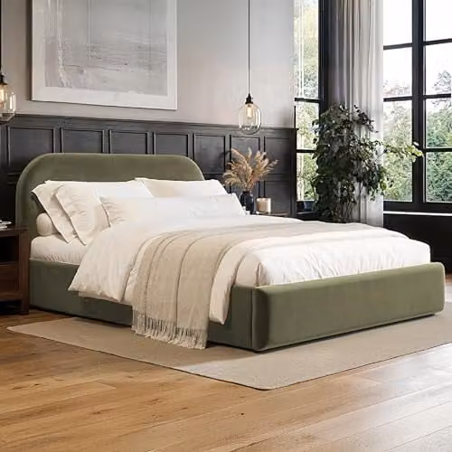 Flair Furnishings Alba Ottoman Bed, King Size Upholstered Bed Frame with Storage and Curved Headboard, Green Velvet, H 221 cm x W 180 cm x D 200 cm