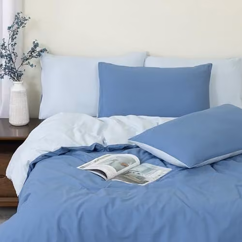 MHG Living Blue Reversible 100% Cotton Double Duvet Cover and Pillowcase Set with Button Closure, Duvet Cover: 140 x 200 cm, Pillowcase: 48 x 74 cm – 1