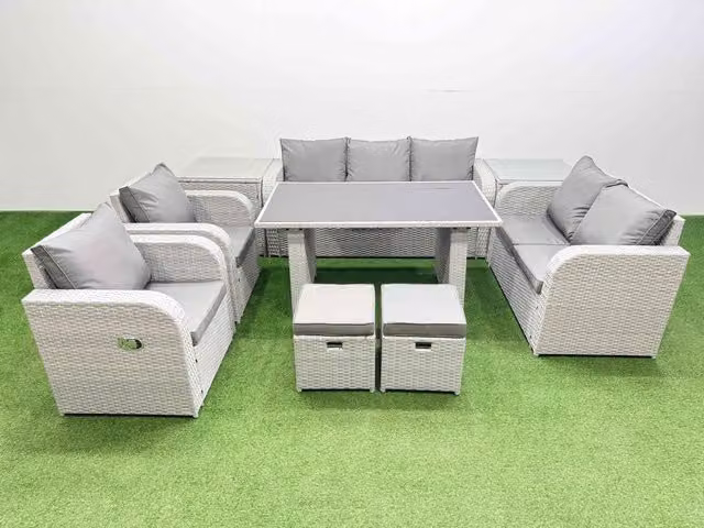 Fimous 9 Seater Garden Furniture Set in Light Grey with 2 Small Stools and 2 Side Tables