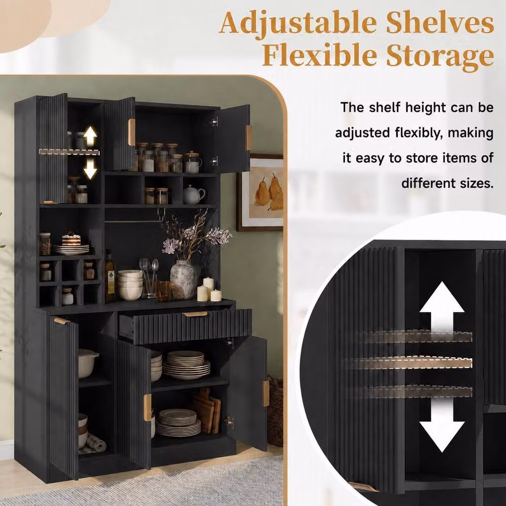 STILVORA Modern Tall Cabinet in Black with Glass Doors and Bottle Rack, H 175 x W 100 x D 40 cm – 3