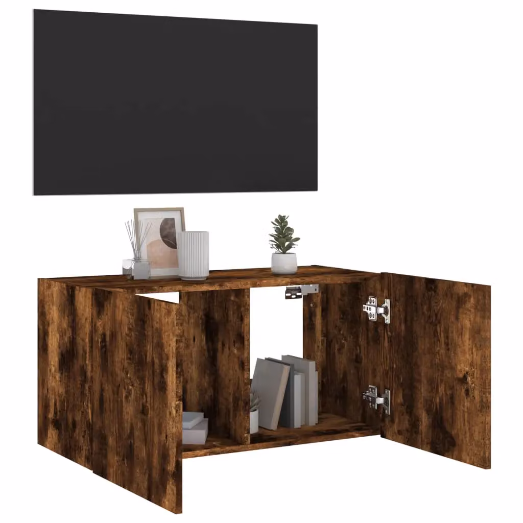 Berkfield Home Modern Wall-Mounted TV Cabinet with Integrated LED Lights in Smoked Oak Brown, W/D/H: 80 x 35 x 41 cm – 6
