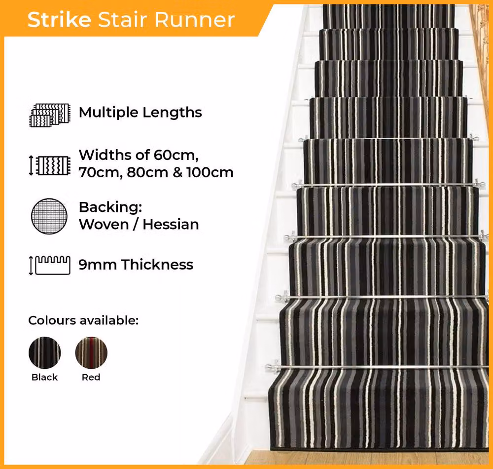 runrug Strike Stair Runner Carpet in Black, W: 80 cm x L: 660 cm – 2