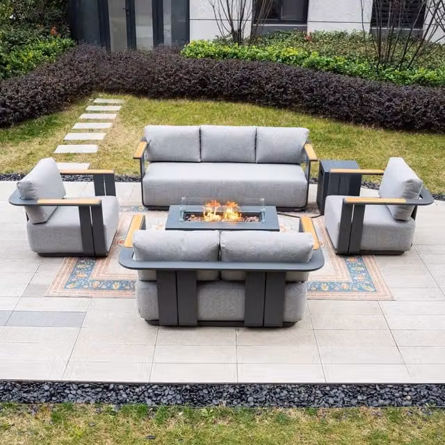 MIMO 7-Seater Grey Garden Sofa Set with Teak Armrests and Iron Firepit Table – 1