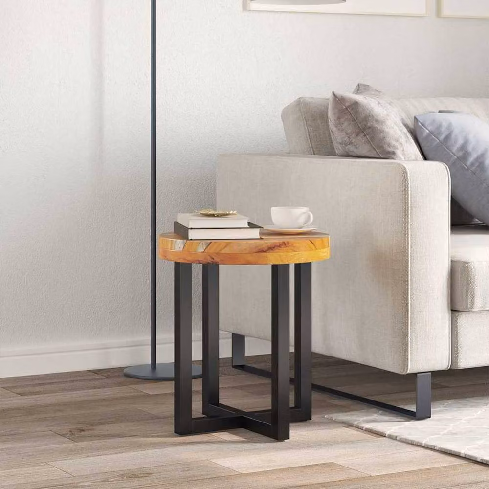 Berkfield Home Round Rustic Coffee Table in Teak and Mango Wood with Polyresin, W: 40 cm, D: 45 cm – 2