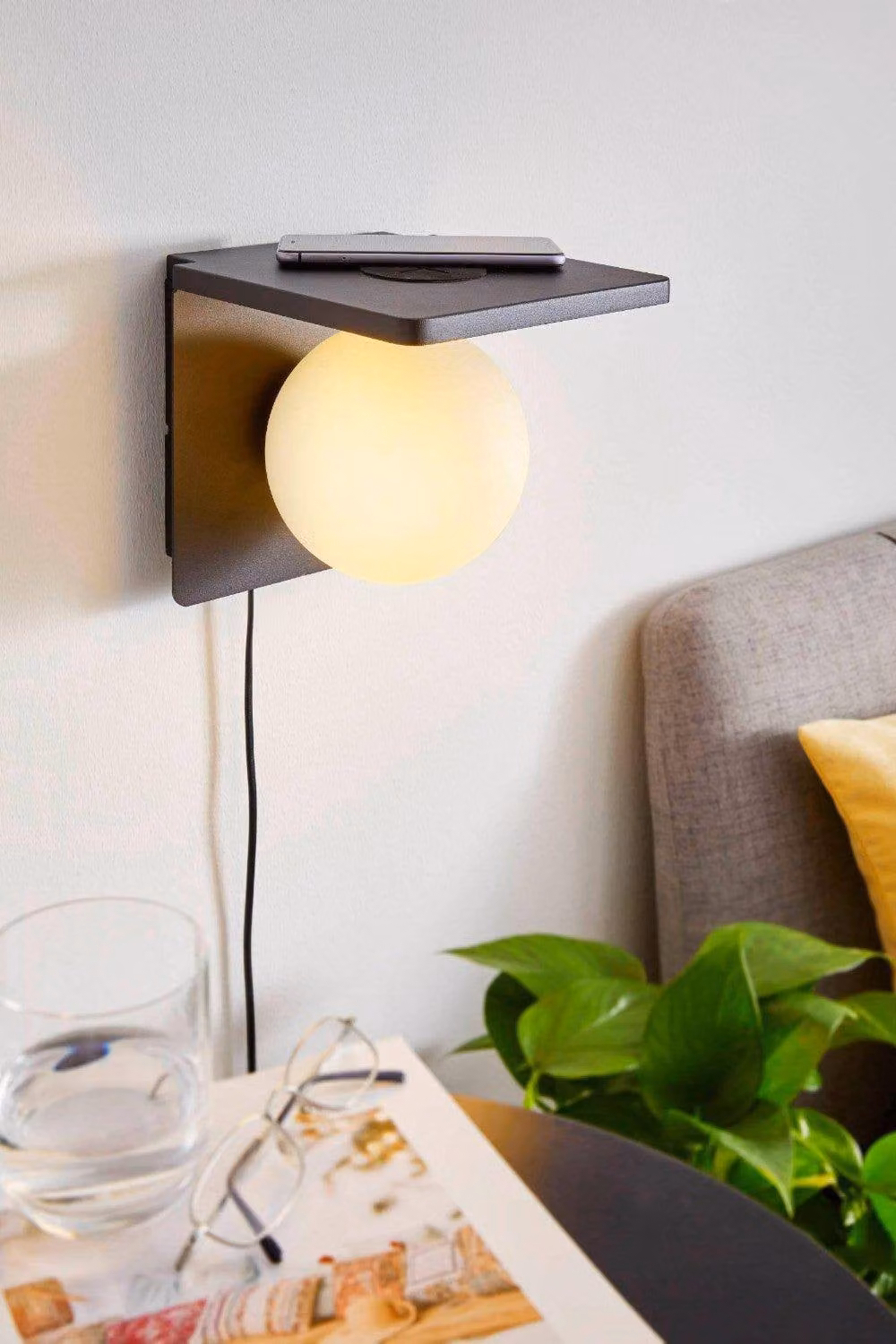 Eglo Ciglie Black Metal and Glass Wall Light with Shelf and QI Smart Phone Charger – 2