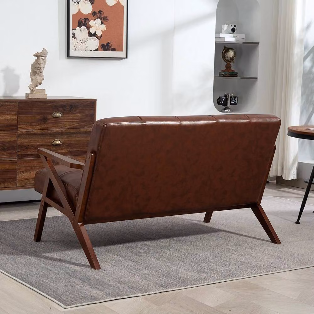 FORGEVIO Mid-Century Compact Small Sofa with Solid Beech Wood Frame and Brown PU Leather – 5