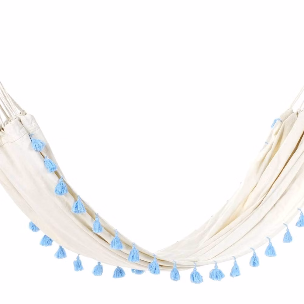 Wyld and Coco Beige Cotton Garden Hammock with Blue Boho Accents – 2