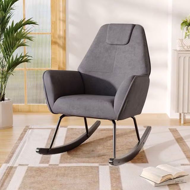 Livingandhome Grey Velvet Microfibre Rocking Chair with Armrests and Metal Frame
