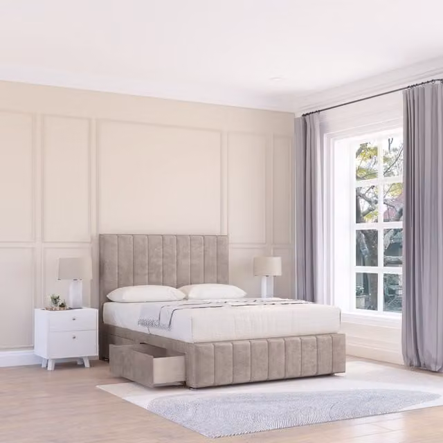 Sloomy Manhattan Upholstered Divan Bed Base and Floor Standing Headboard, Beige, W/D/H: 200 x 200 cm