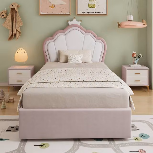 Merax Single Pink Velvet Ottoman Storage Bed with Crown Headboard W/D/H: 90 x 190 cm – 1
