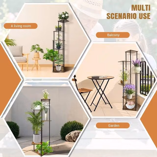 FLAVORA 5 Tier Metal Plant Stand in Brown, H 100 x W 15 x D 15 cm – 1