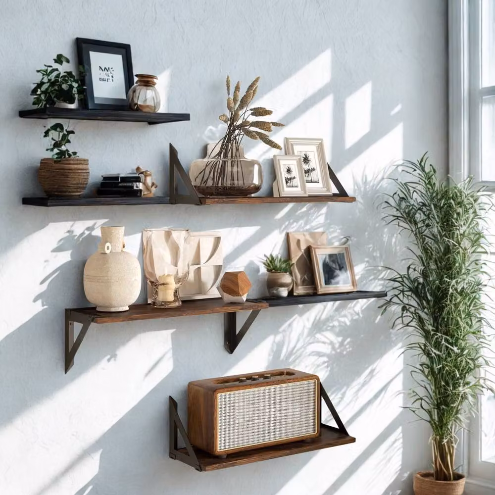FURNOS 3-Piece Industrial Wall Mounted Reversible Floating Shelves in Brown and Black – 3