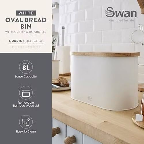 Swan Nordic Scandi Bread Bin with Bamboo Cutting Board Lid, White Steel and Bamboo – 2
