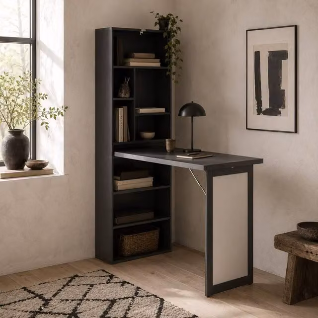 Wyld Haus Elrika Black 3 Section Fold Out Writing Desk with Enclosed Cabinet Storage, Width: 98 cm – 1