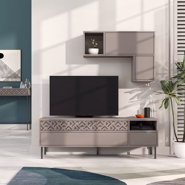 Decortie Heaton Modern TV Unit with Storage and Wall Shelf, Mocha Grey and Brown