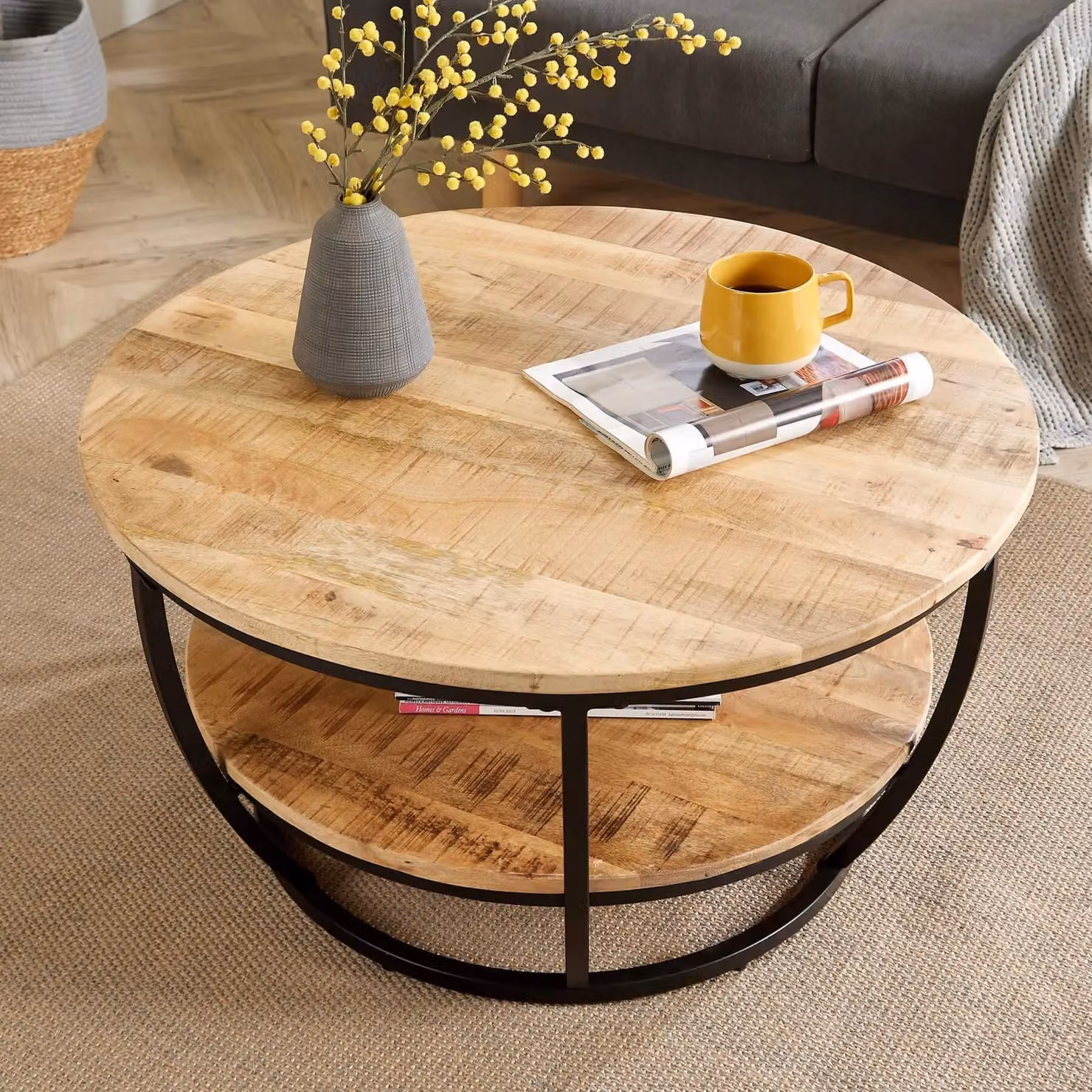 Home Source Cage Style Round Coffee Table with Mango Wood Top and Black Iron Frame – 2