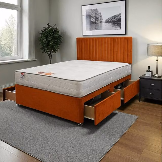 Knight Sleep Emily Plush Bed Set with Hybrid Mattress and 4 Drawers in Orange Velvet Fabric, W/D/H: 120 x 200 cm