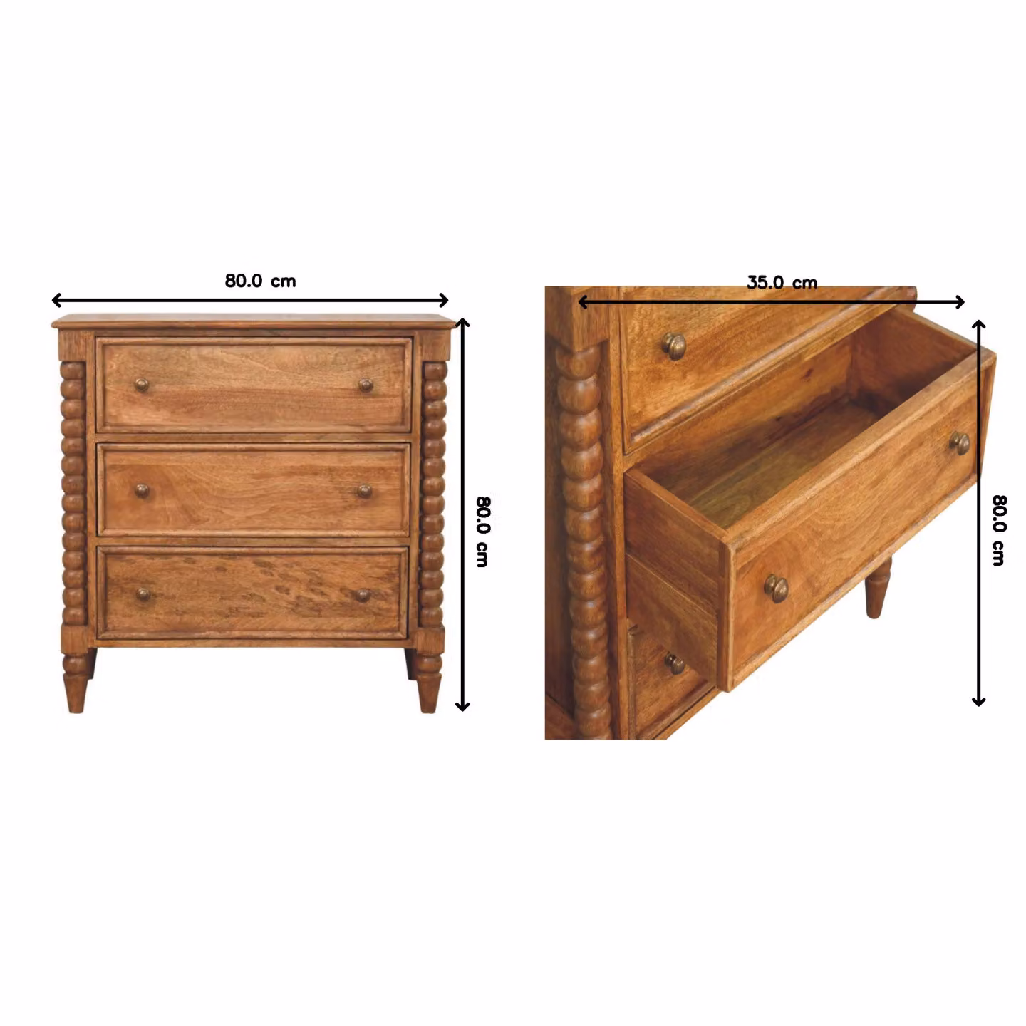 Aosom UK Solid Mango Wood Spindle Chest with 3 Drawers and Turned Spindle Legs in Brown, W/D/H: 80 x 35 x 80 cm – 3