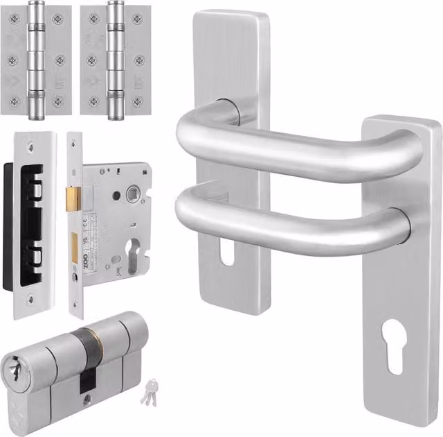 AFIT Satin Steel Lever Backplate with Euro Lock Double Cylinder Hinges in Silver, 150 x 150 mm – 1