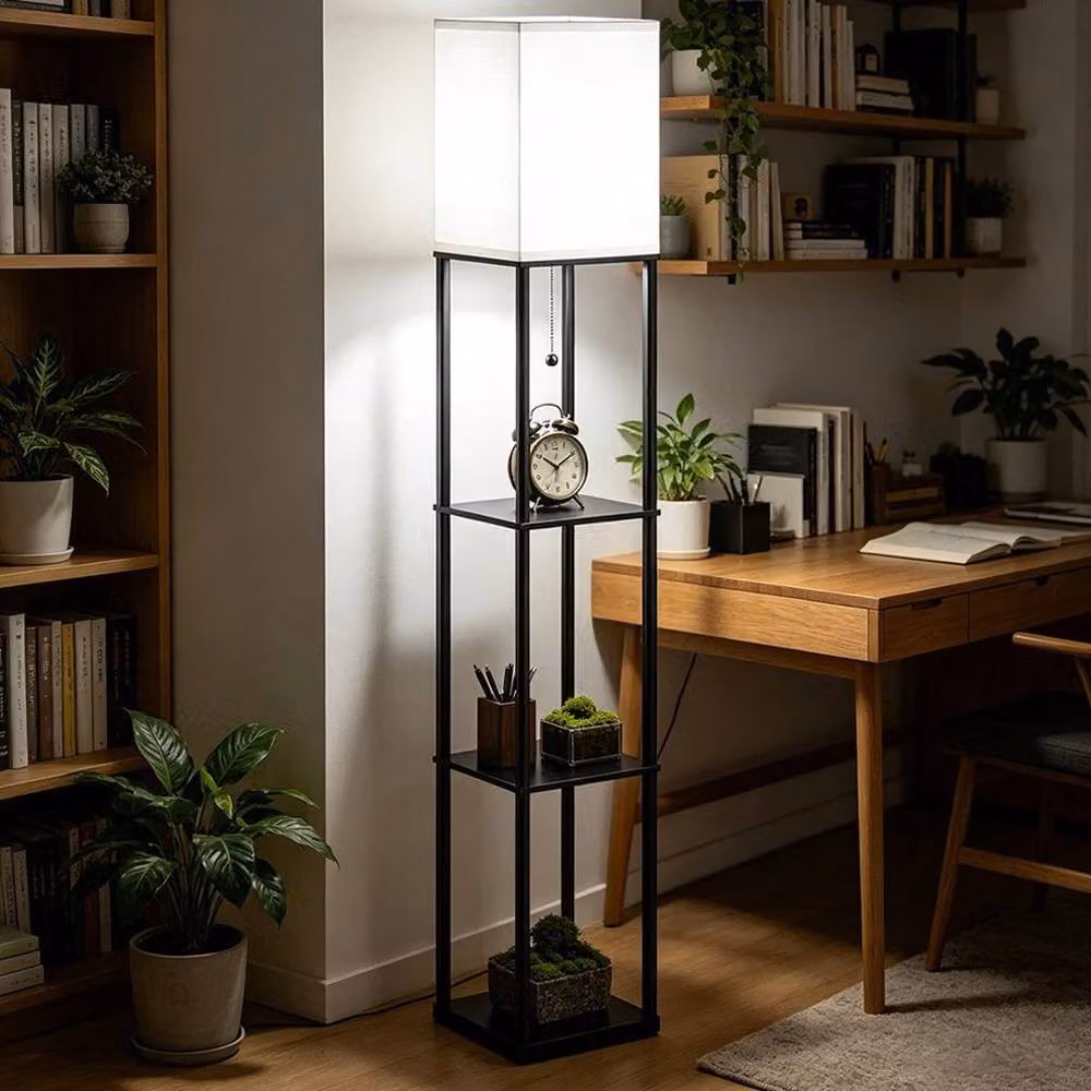 PAWNORA Modern Corner Floor Lamp with Shelves in Black – 4