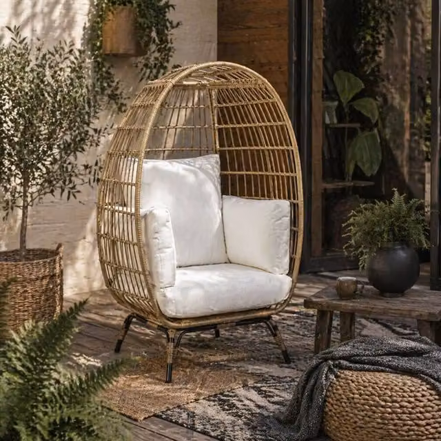Wyld Haus Tasudo Egg Chair in Khaki Rattan Style with White Cushions – 1